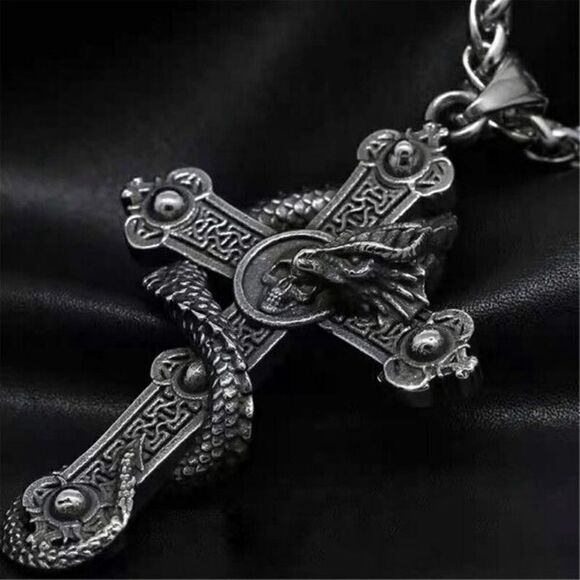 Dragon Skull Cross Mystical Unisex Stainless Steel Pendant Necklace - Picture 5 of 8